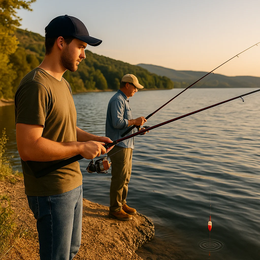 Pesca con boya en pantano al amanecer