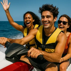 Amigos riendo mientras disfrutan de una moto de agua con Licencia de Navegación