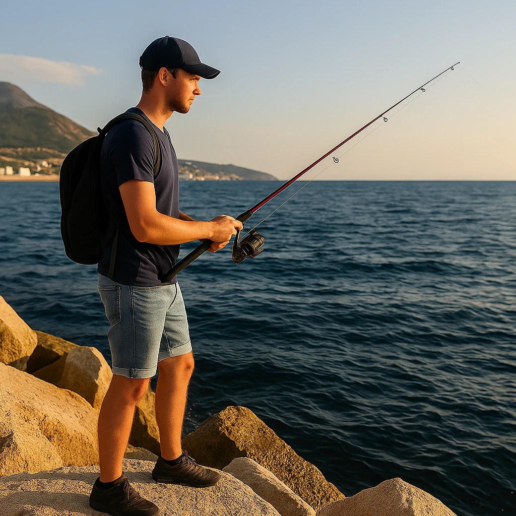 Pesca rockfishing desde espigón en el Mediterráneo con equipo ligero y caña corta. Actividad de pesca recreativa organizada por ProKbos.