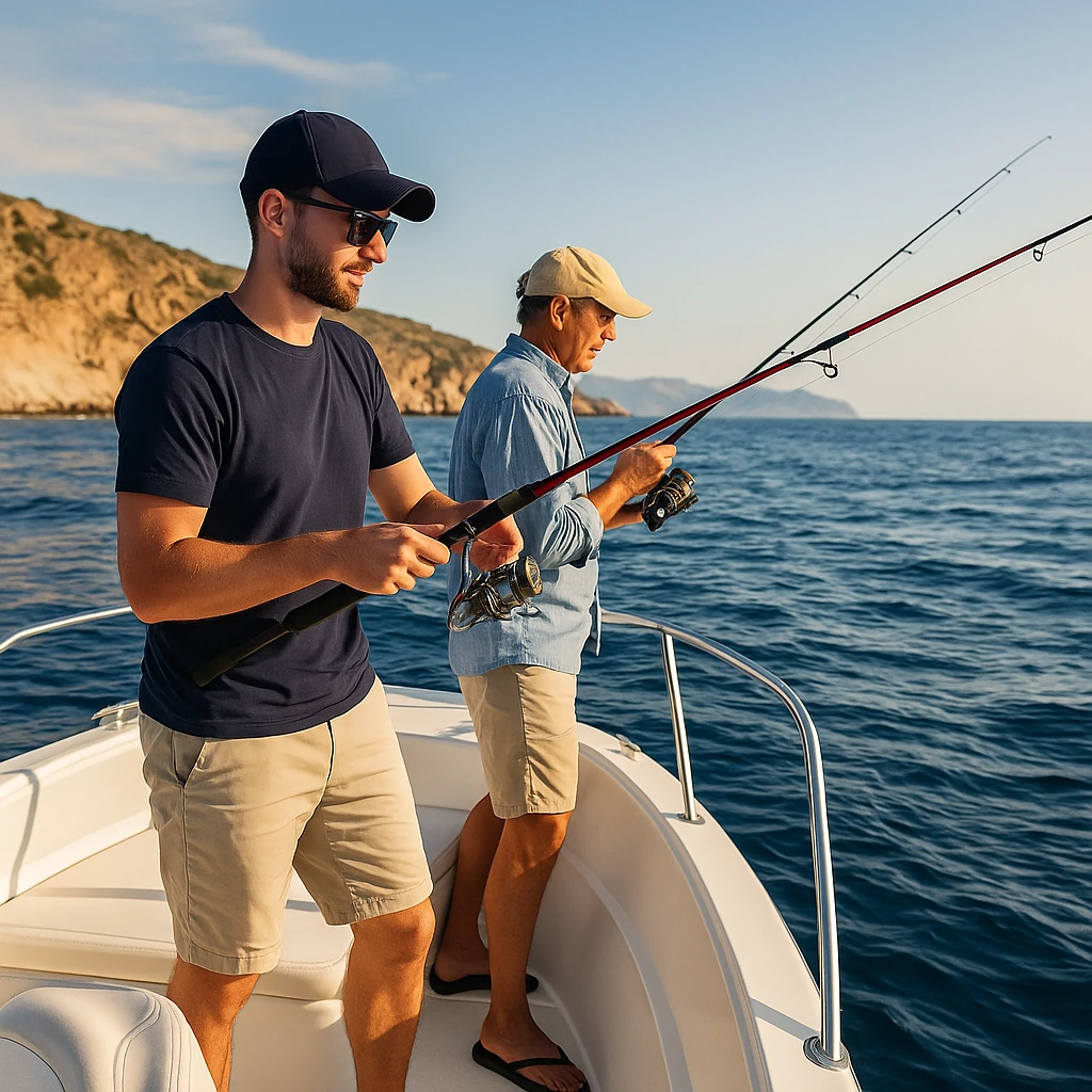 Imagen de pesca spinning en el Mediterráneo, frente a la costa de Altea. Pescadores disfrutando de una jornada de pesca recreativa organizada por ProKbos, en un entorno marino tranquilo y soleado.